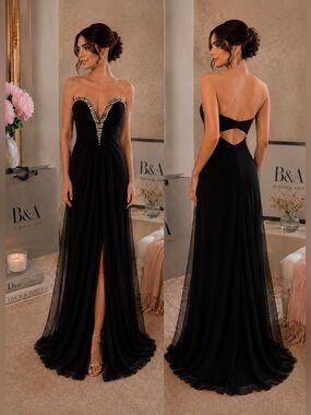 B&A by Betsy & Adam Black Rhinestone Backless Evening Gown - Size 6